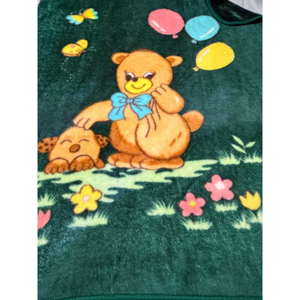Vintage Teddy Bear Puppy Plush Mink Style Fleece Blanket Forest Green Kidcore